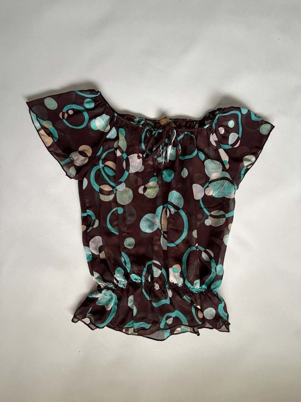 Copper Key Boho Peplum Top S Brown Teal Sheer Flutter Sleeve Y2K Fairycore